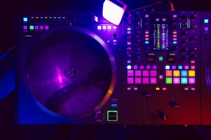 illuminated dj turntable mixer with colorful neon 2026 03 24 11 41 24 utc